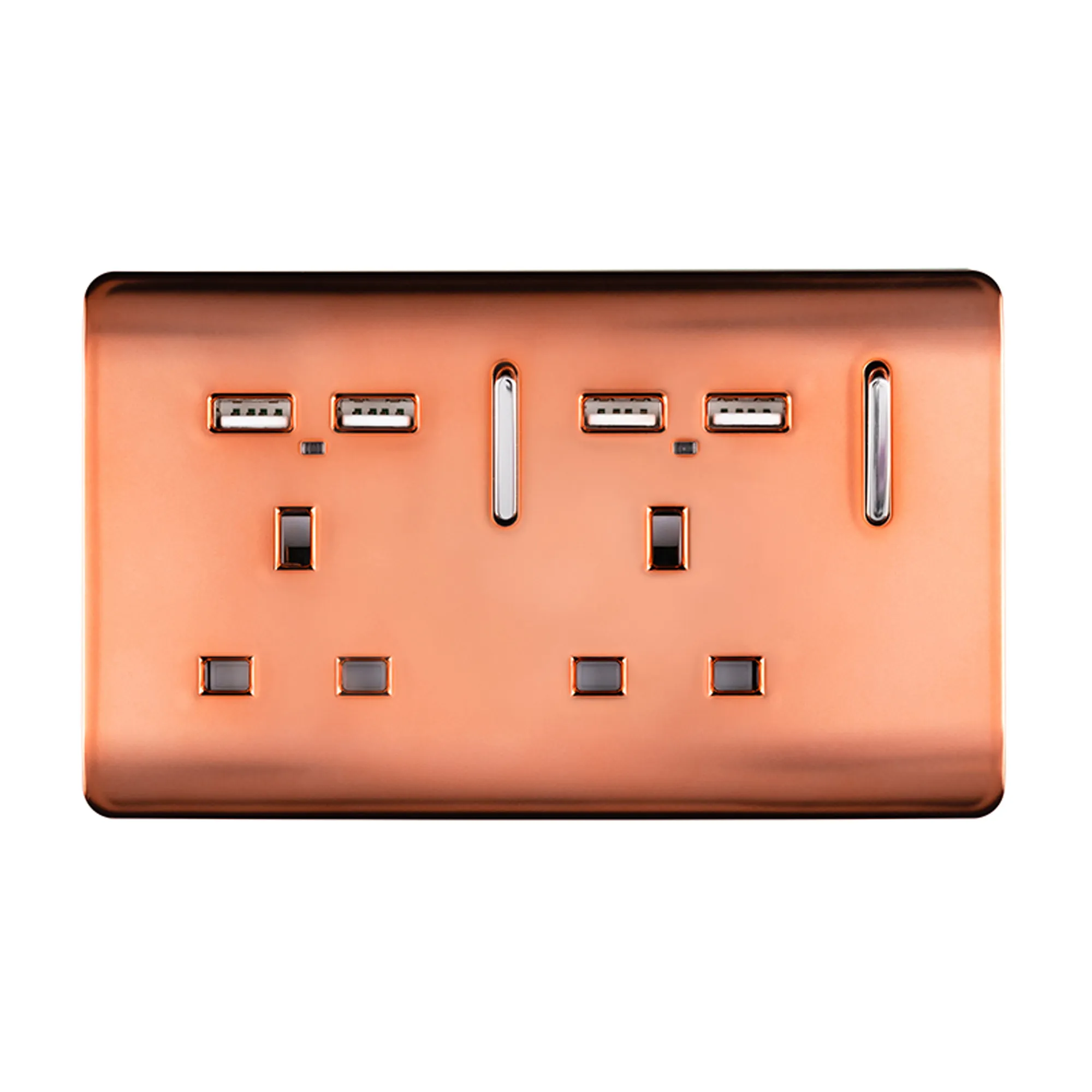 2 Gang 13Amp Switched Double Socket With 4X 2.1Mah USB Copper